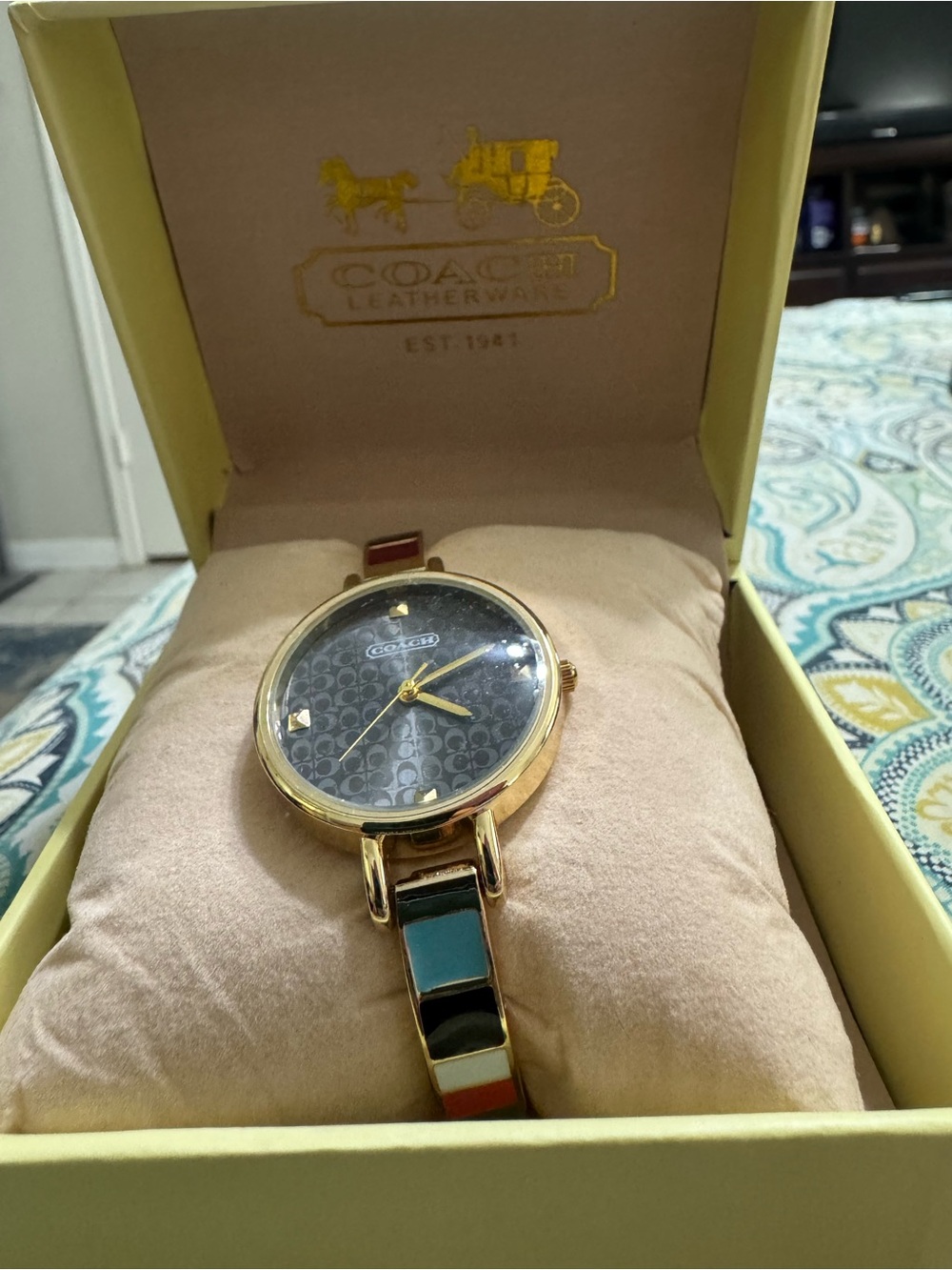 Coach Women's Gold-Tone Multicolor Enamel Bangle Watch - Gold/Black
